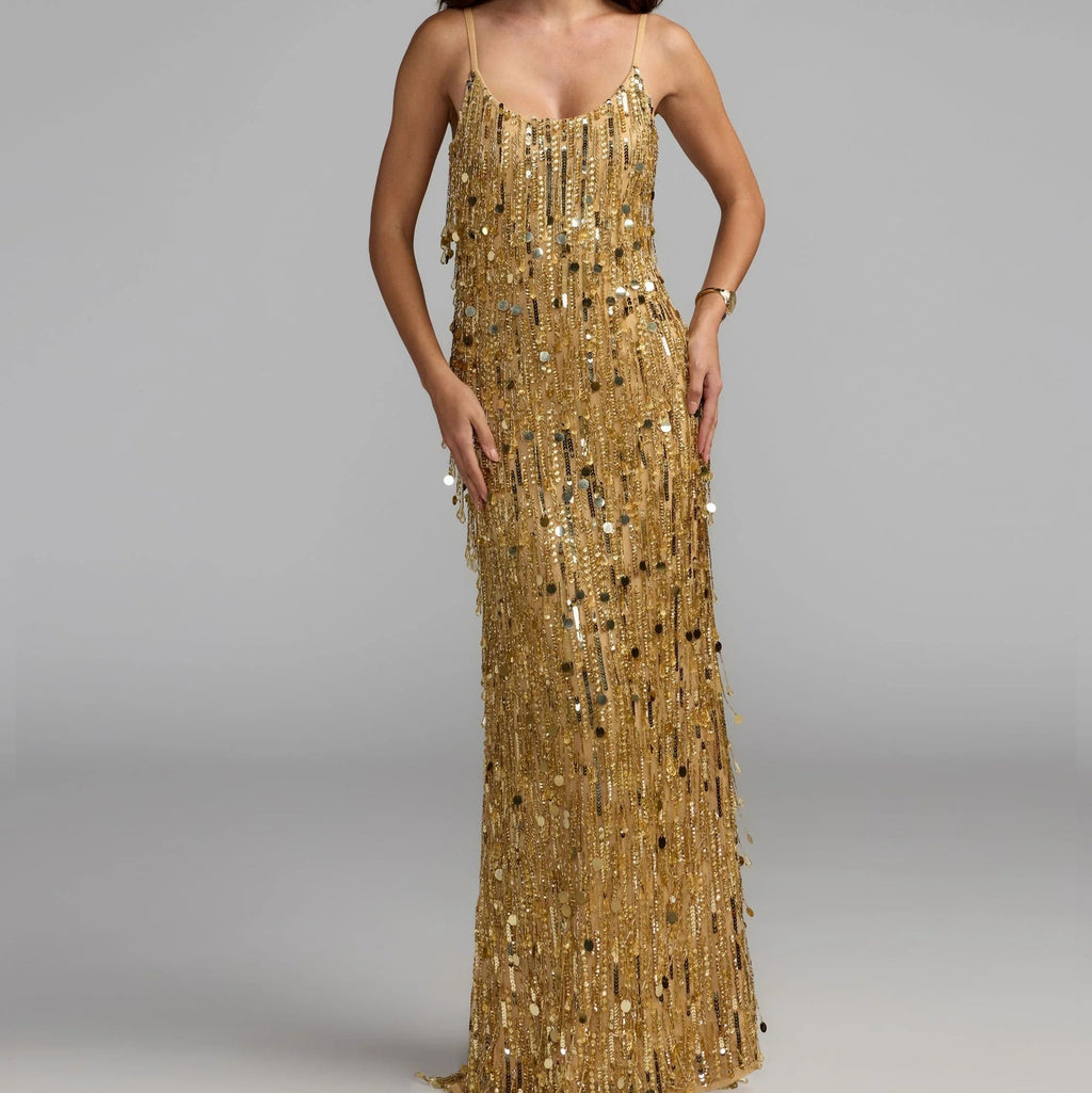 Gold sequin fringe maxi dress with spaghetti straps
