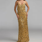 Gold sequin fringe maxi dress with spaghetti straps