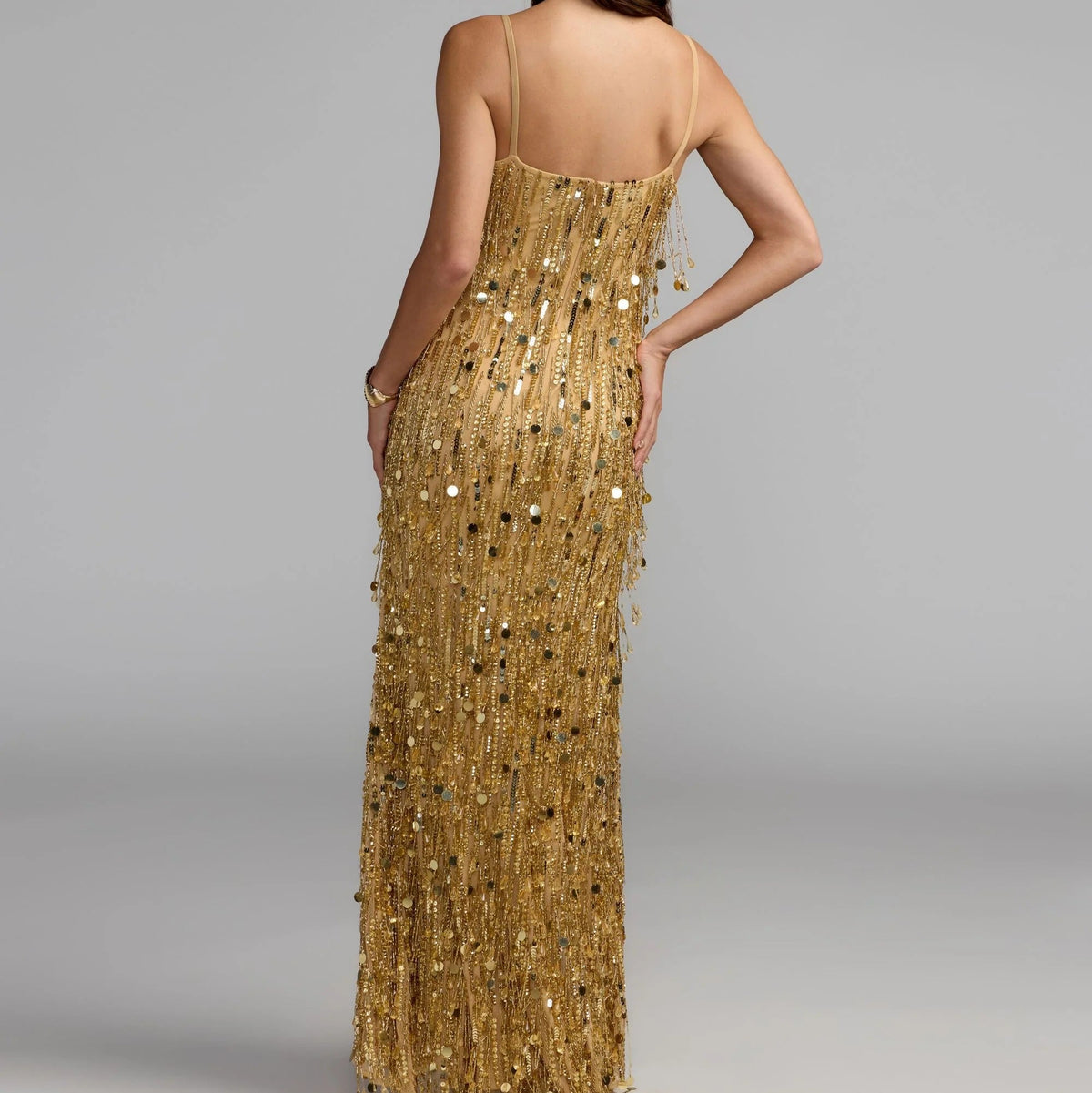 Gold sequin fringe maxi dress with spaghetti straps