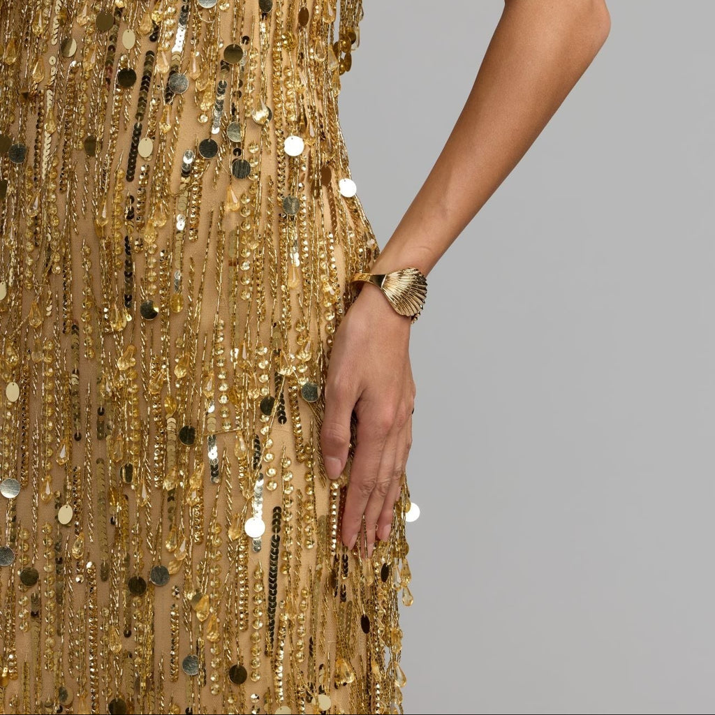 Gold sequin fringe maxi dress with spaghetti straps