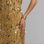 Gold sequin fringe maxi dress with spaghetti straps