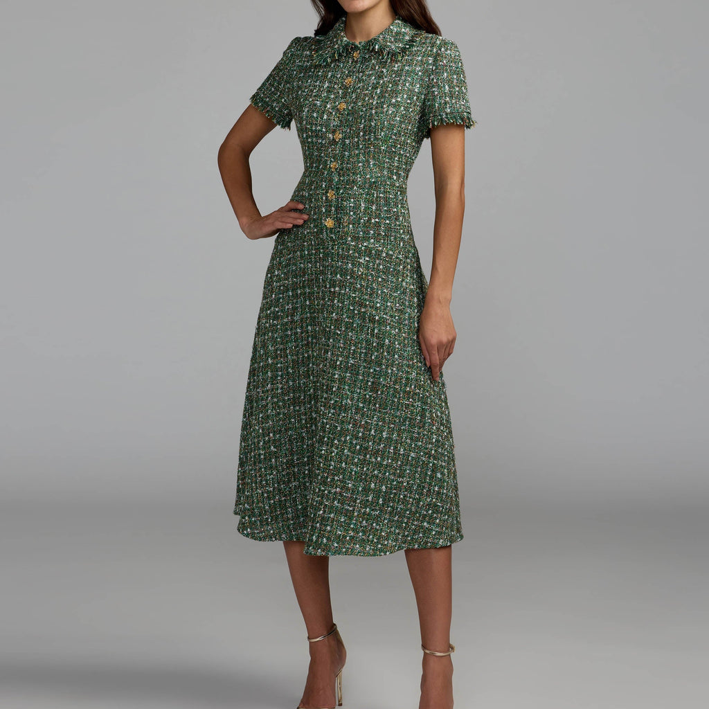 Green tweed midi dress with fringed collar