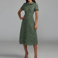 Green tweed midi dress with fringed collar