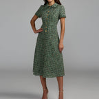 Green tweed midi dress with fringed collar