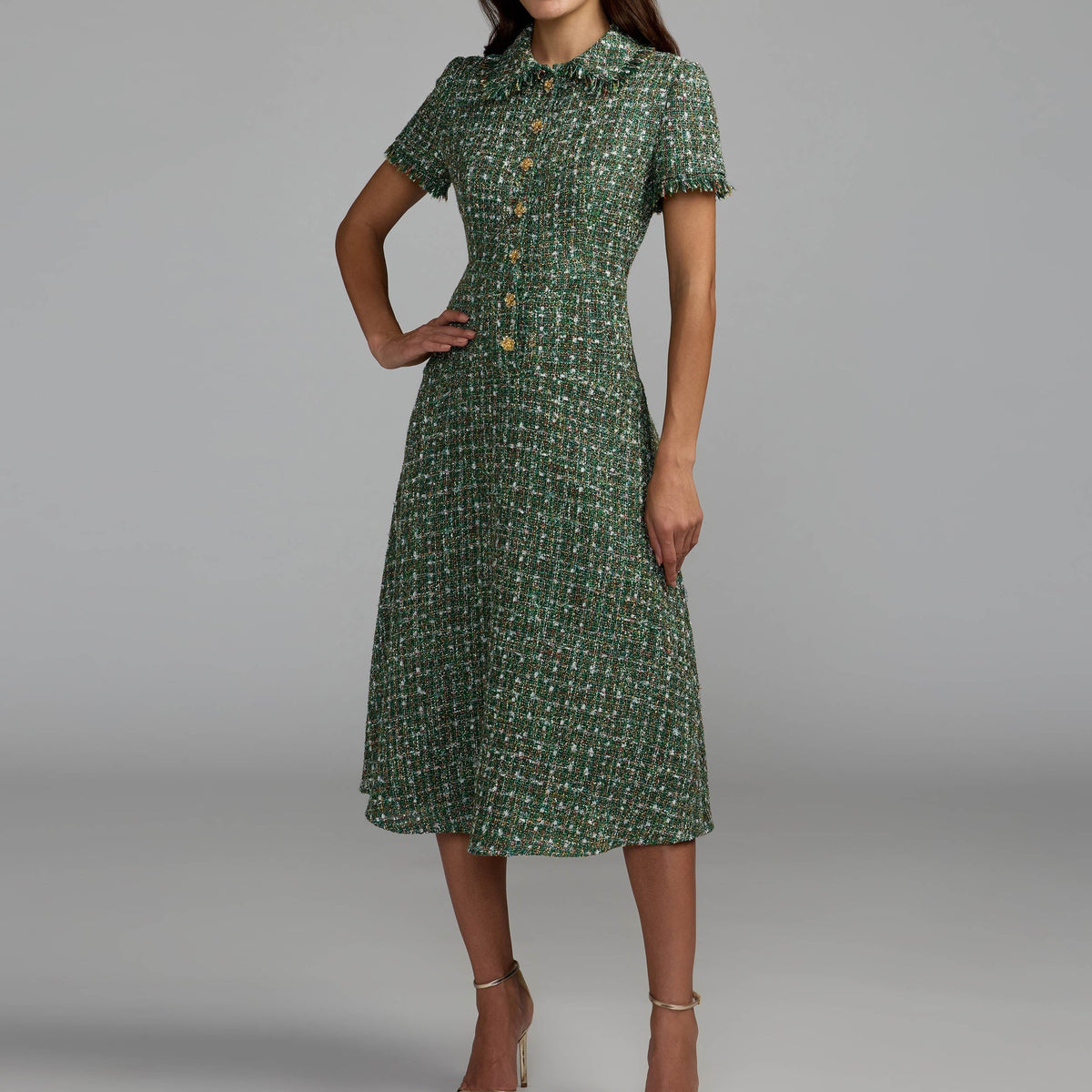 Green tweed midi dress with fringed collar
