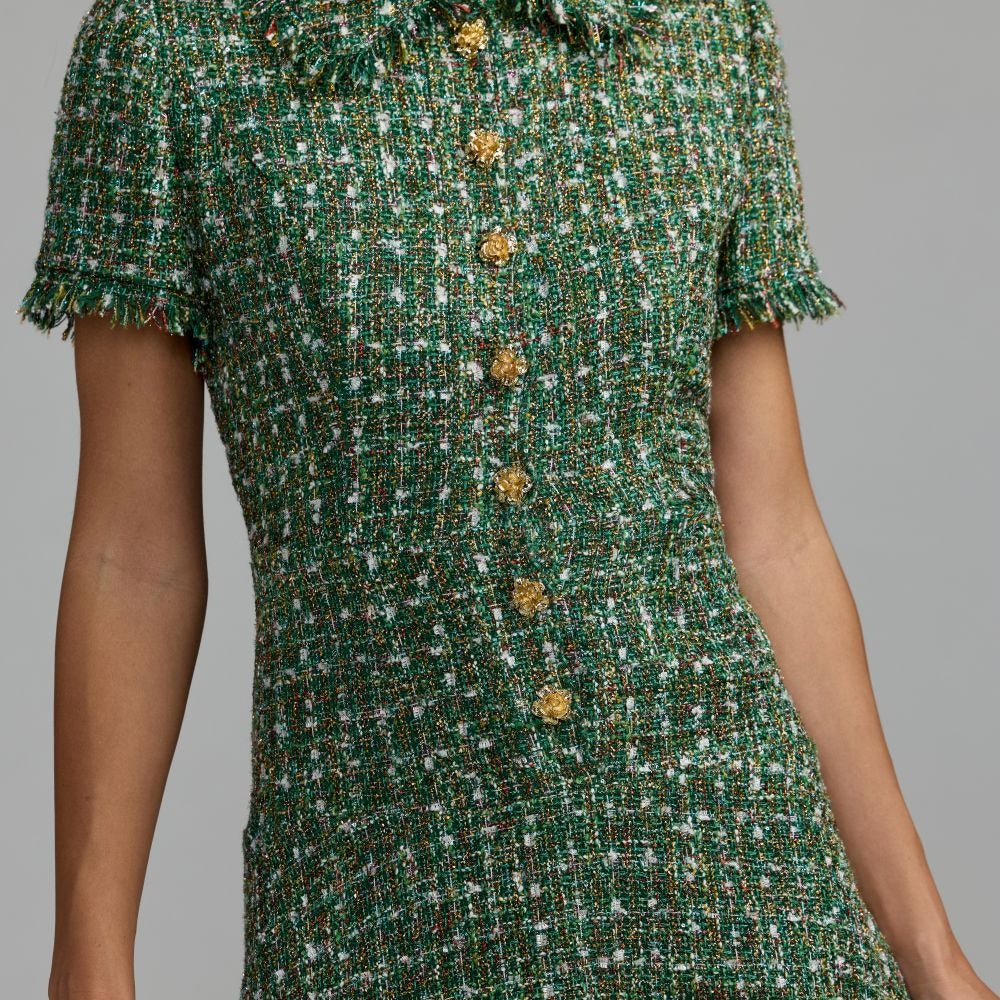 Green tweed midi dress with fringed collar