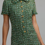 Green tweed midi dress with fringed collar