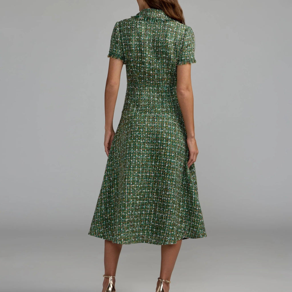 Green tweed midi dress with fringed collar