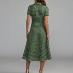 Green tweed midi dress with fringed collar