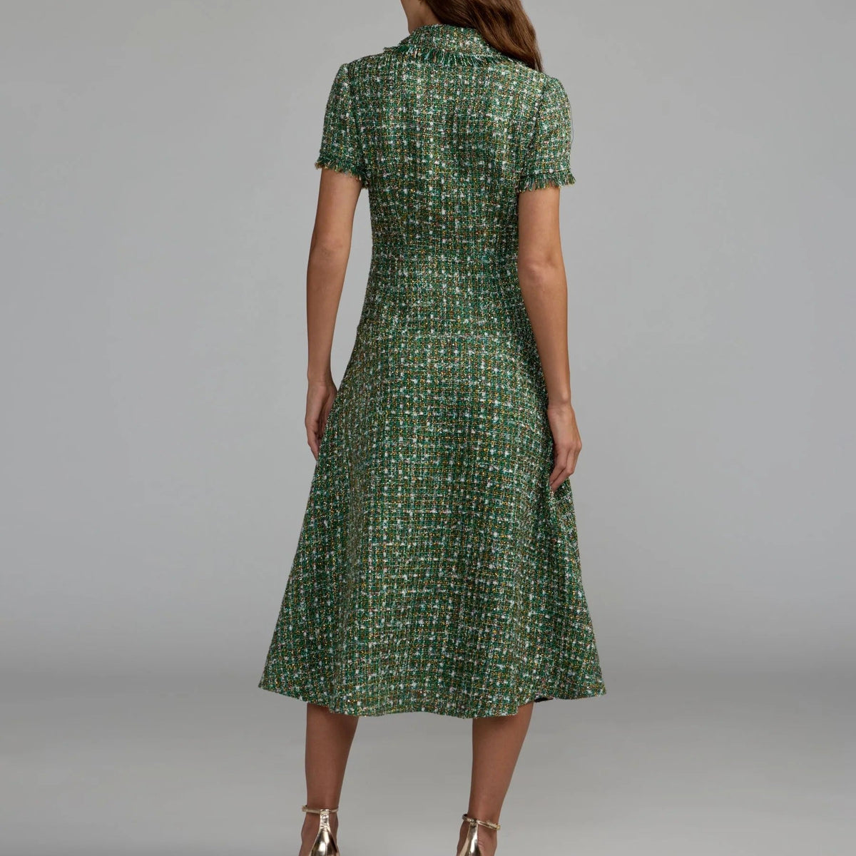 Green tweed midi dress with fringed collar
