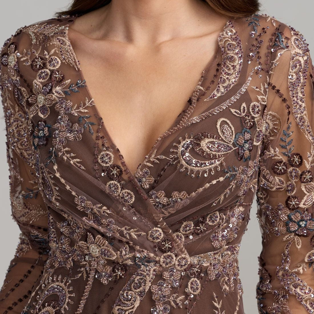 Long sleeve sequin and beaded midi evening gown