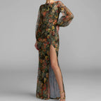 Long sleeve sequin maxi dress with floral print