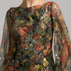 Long sleeve sequin maxi dress with floral print