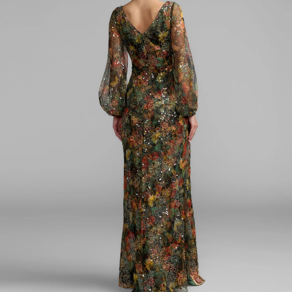 Long sleeve sequin maxi dress with floral print