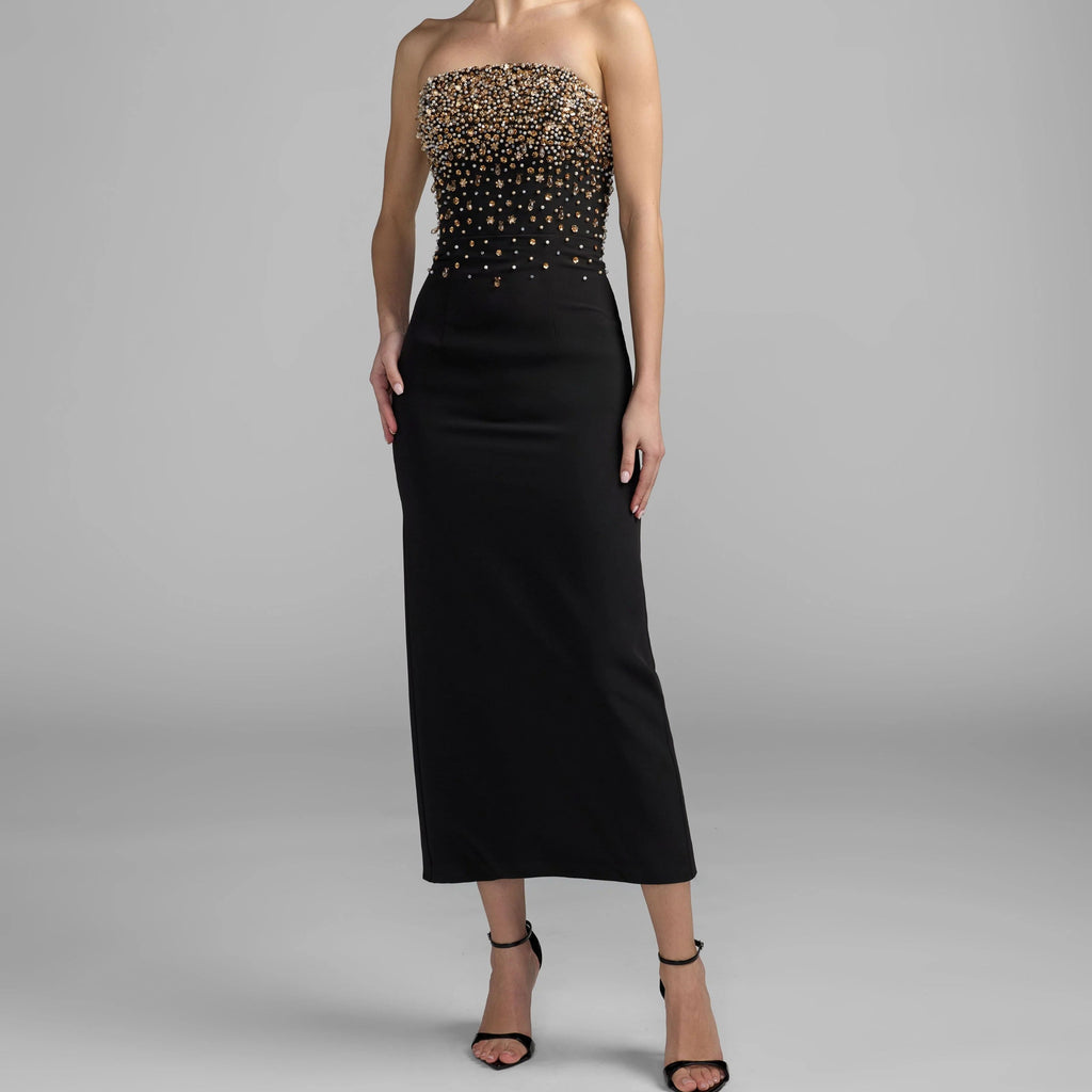 Midi length strapless gown with gold beading