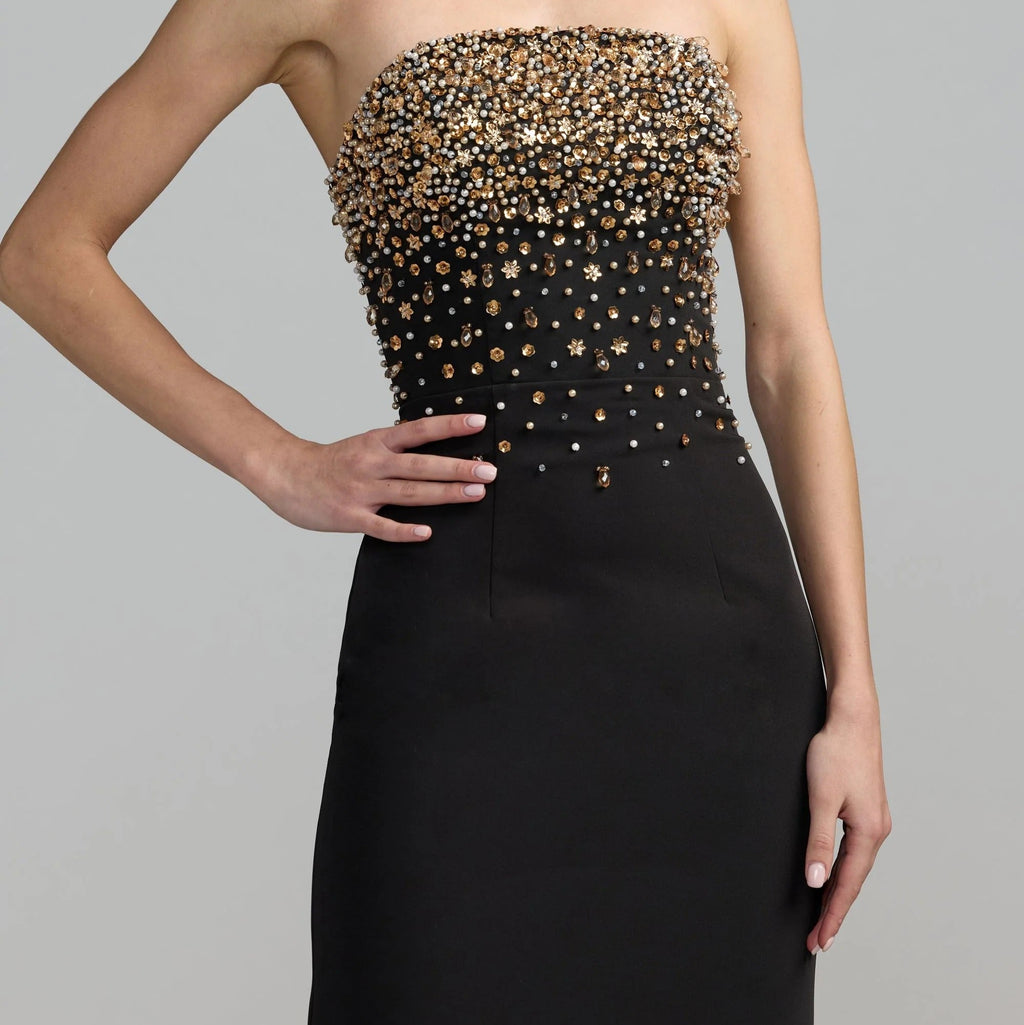 Midi length strapless gown with gold beading