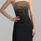 Midi length strapless gown with gold beading