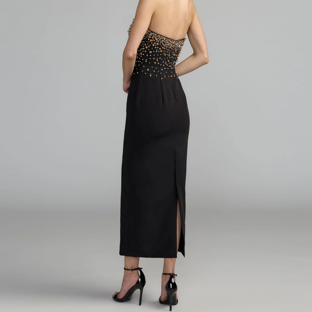 Midi length strapless gown with gold beading