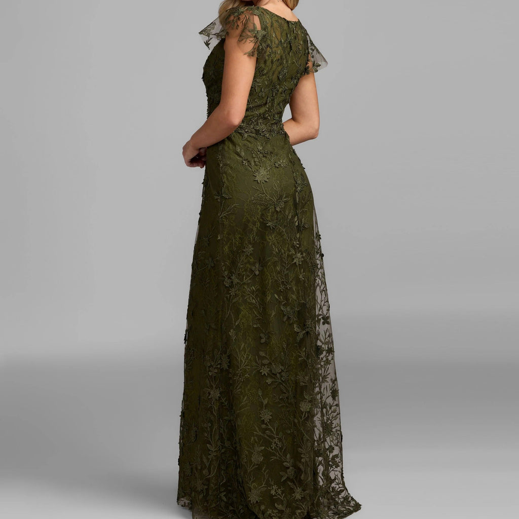 Olive green lace flutter sleeve maxi dress