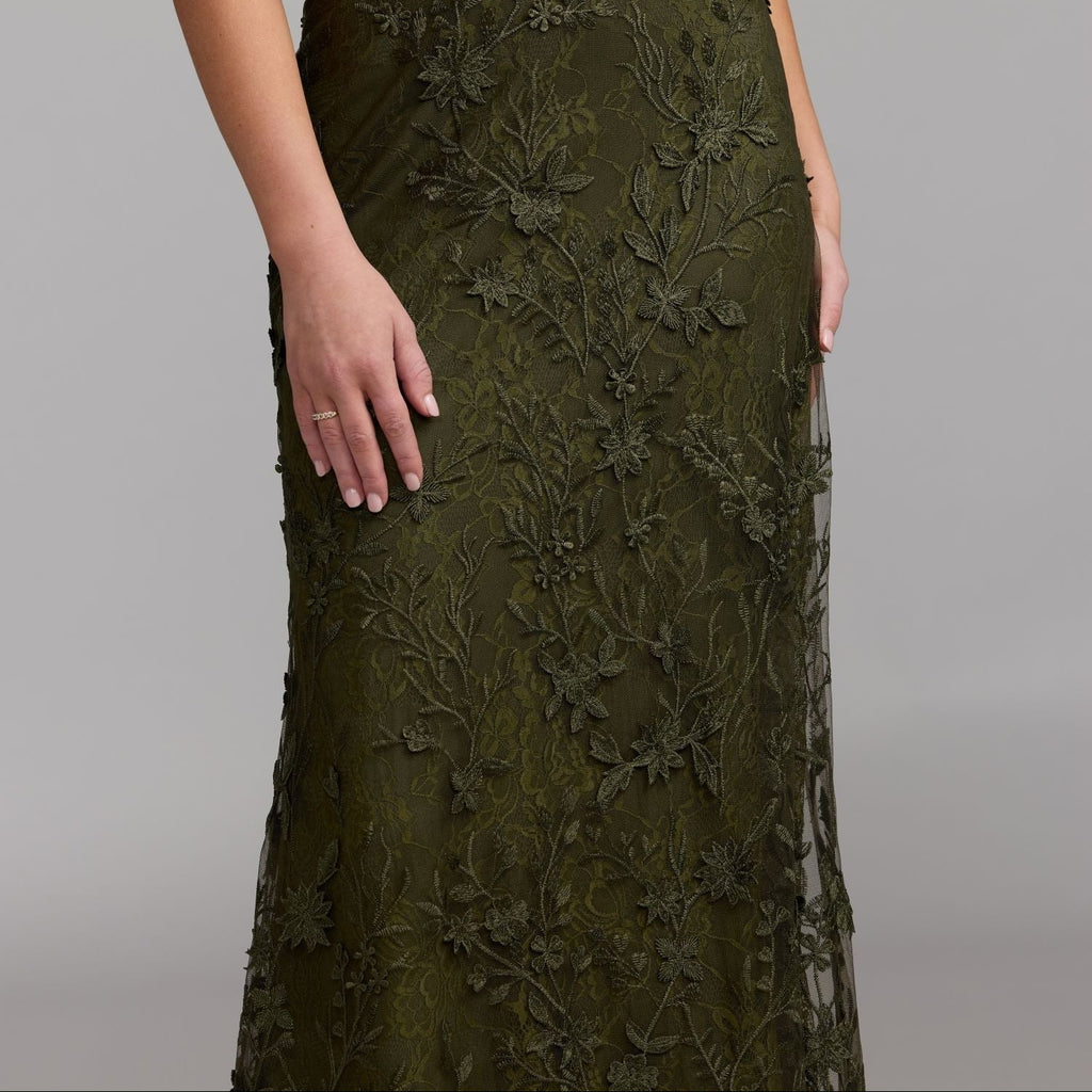 Olive green lace flutter sleeve maxi dress