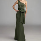 Olive green one shoulder beaded gown