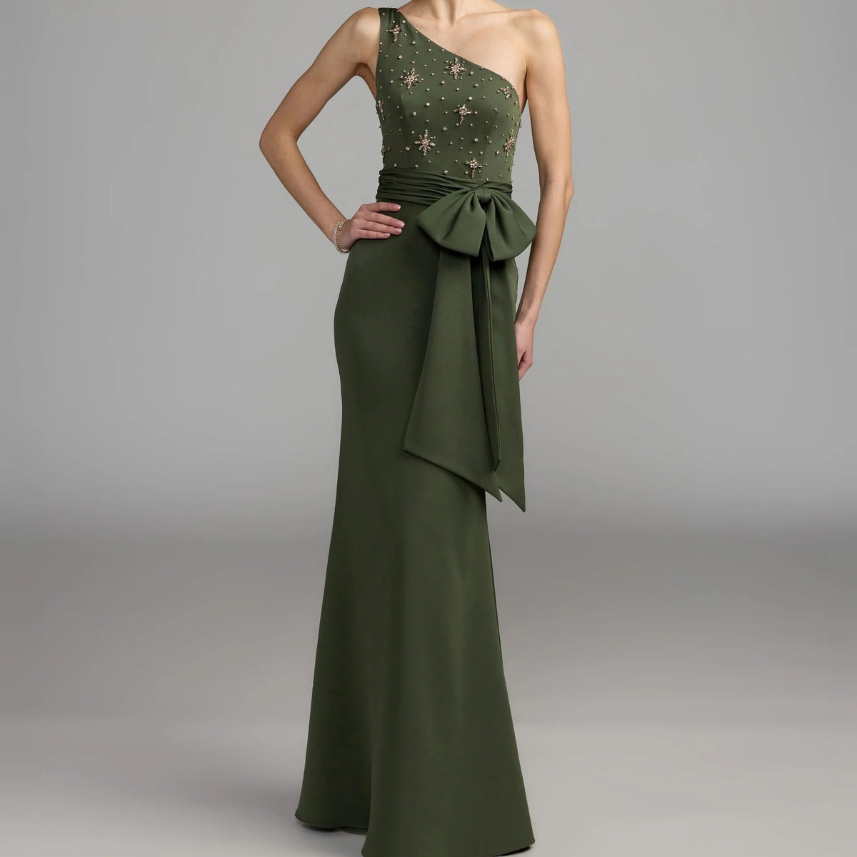 Olive green one shoulder beaded gown