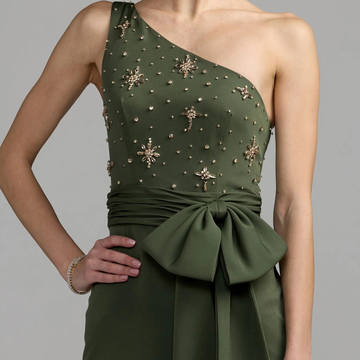 Olive green one shoulder beaded gown