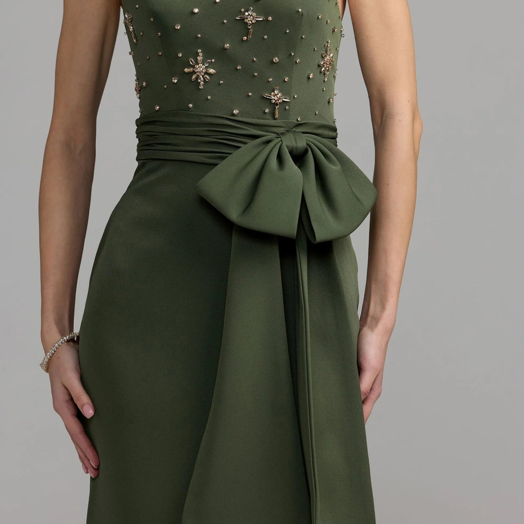 Olive green one shoulder beaded gown