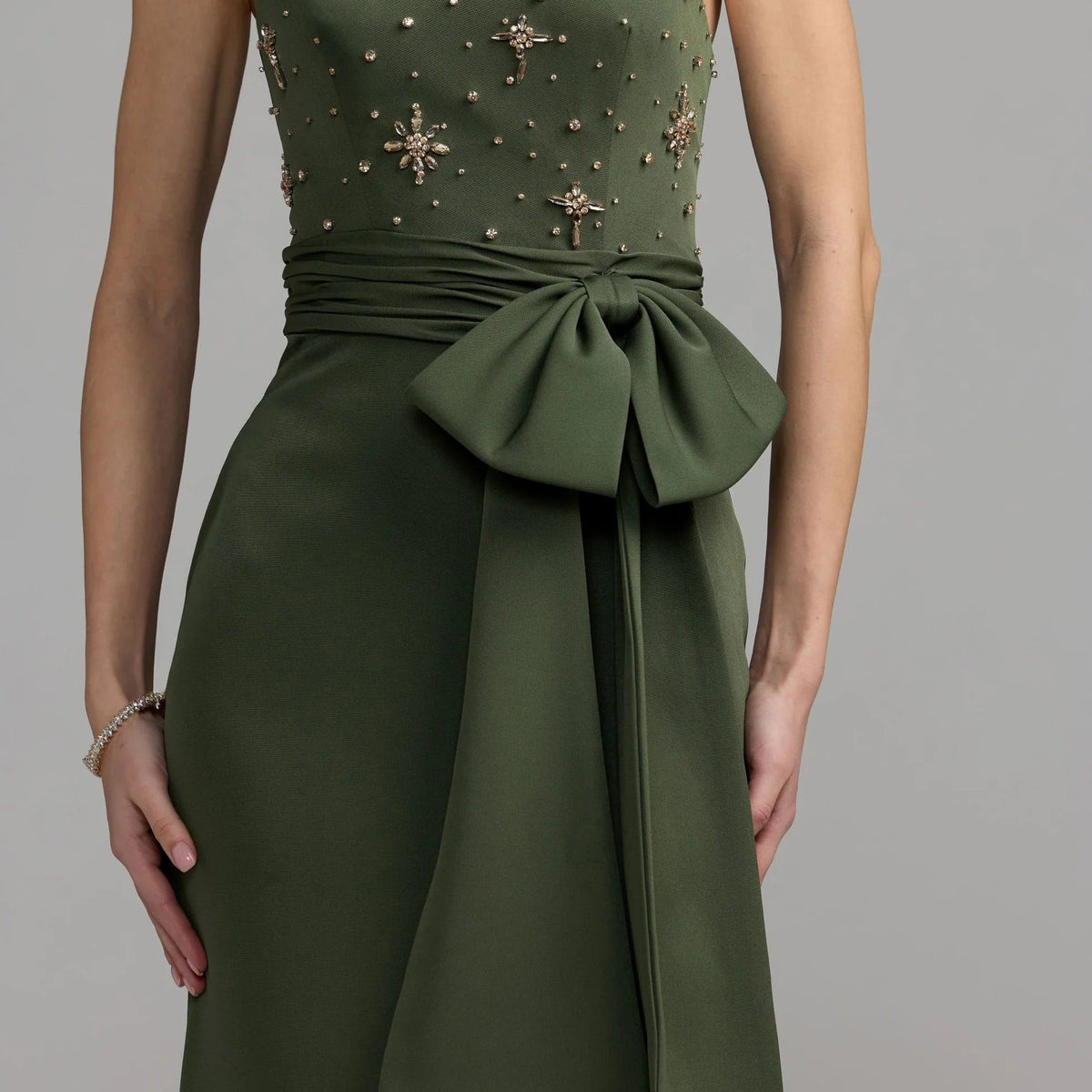 Olive green one shoulder beaded gown
