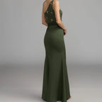 Olive green one shoulder beaded gown