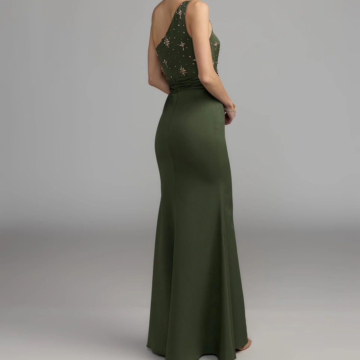 Olive green one shoulder beaded gown