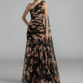 One shoulder gown with dimensional pleats