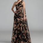 One shoulder gown with dimensional pleats