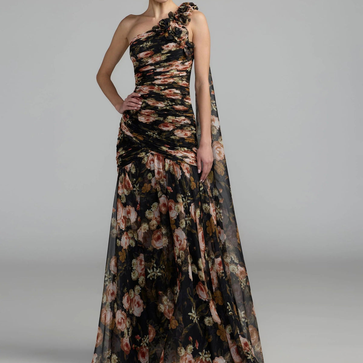 One shoulder gown with dimensional pleats