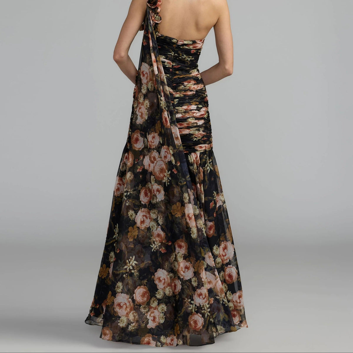 One shoulder gown with dimensional pleats
