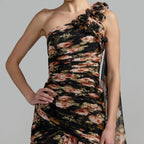 One shoulder gown with dimensional pleats